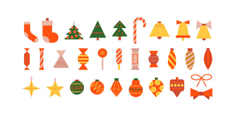 Set of various holiday objects, elements and xmas decorations and candies. Vector flat geometric illustration in modern style. Abstract geometric christmas tree, balls, lollipop bells and etc. 