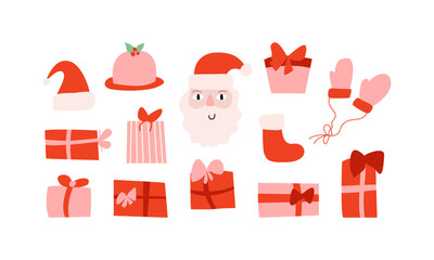 Set of various christmas elements, gift boxes and santa claus. Vector flat modern illustration. Holiday geometric objects