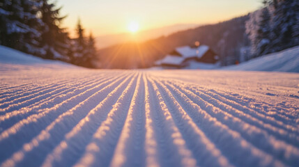 Freshly groomed corduroy on ski slope at sunrise with golden light in the background
