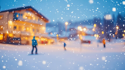 Cozy ski lodge and skiers enjoying the first snowfall at golden hour on the ski slope