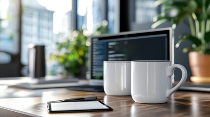 Two coffee cups are placed on a desk with an open laptop, documents, and a pen, symbolizing creativity and productivity in a modern work setting.