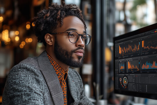 A well-dressed professional analyzing marketing metrics on a dashboard displayed on a dual-monitor setup