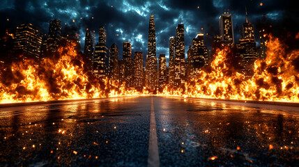 Fototapeta premium A dramatic urban scene with a fiery backdrop, showcasing flames engulfing a city skyline under a stormy sky.