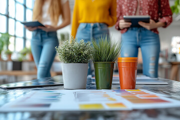 A creative team sketching new designs on tablets and paper in a colorful and trendy office setup