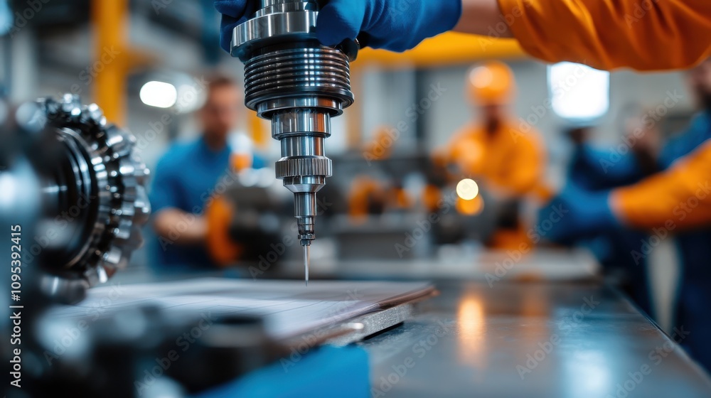 Poster the image depicts a close-up view of industrial machinery, focusing on a precision drill tool in act