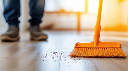 A person uses an orange broom to sweep dirt on a polished wooden floor with sunlight streaming through a nearby window, creating a warm ambiance.