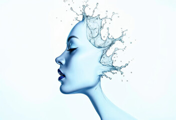Woman's Face Splashes of Blue Water and Droplets Fluid Beauty of Liquid Surreal Portrait Moisturizer and Cosmetic Marketing