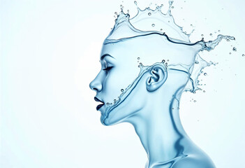 Woman's Face Splashes of Blue Water and Droplets Fluid Beauty of Liquid Surreal Portrait Moisturizer and Cosmetic Marketing