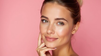 Fototapeta premium A close-up portrait of a woman with a flawless complexion against a pink background, showcasing natural beauty and elegance. 