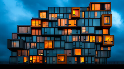 A modern architectural building with a unique design, featuring illuminated windows against a dramatic blue sky.