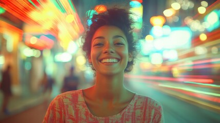 Obraz premium Joyful Woman Smiling Amidst Colorful City Lights at Night