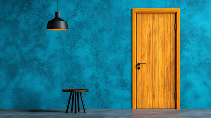 A vibrant blue wall features a wooden door and a stylish stool, illuminated by a pendant lamp, creating a modern interior aesthetic.
