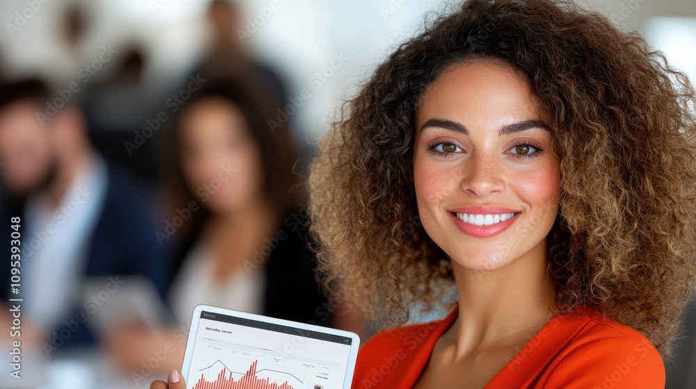 Poster a smiling woman in an orange blazer holds a tablet displaying business graphs, standing in a profess