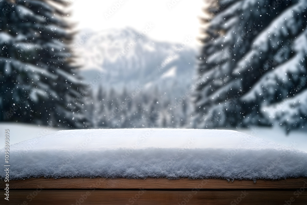 Poster empty wooden table top coverd with snow with copy space and winter snowing trees and mountain backgr