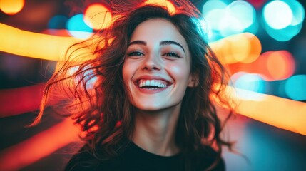 Naklejka premium Vibrant Night Portrait of a Smiling Woman with Colorful Lights