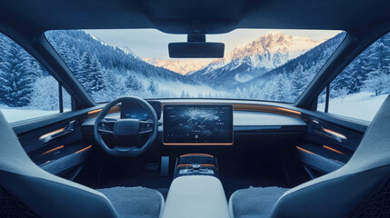 Naklejka premium Modern car cabin with minimalist design overlooking snowy mountains during gentle snowfall