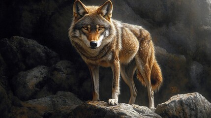 Fototapeta premium Majestic red wolf standing on rocks, shadowed cave background.
