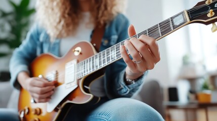 Fototapeta premium A woman in a denim jacket plays an electric guitar, focusing on her fingers pressing the strings. The warm, soft lighting creates an inviting and musical atmosphere.