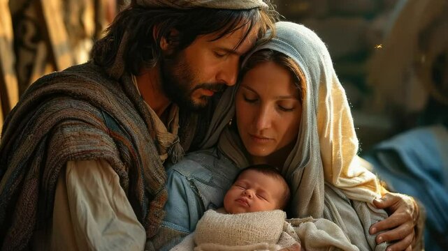 Sacred birth: video nativity scene, with holy mother Mary and holy father Joseph holding baby Jesus Christ, symbolizing humble beginnings of savior arrival in serene setting.
