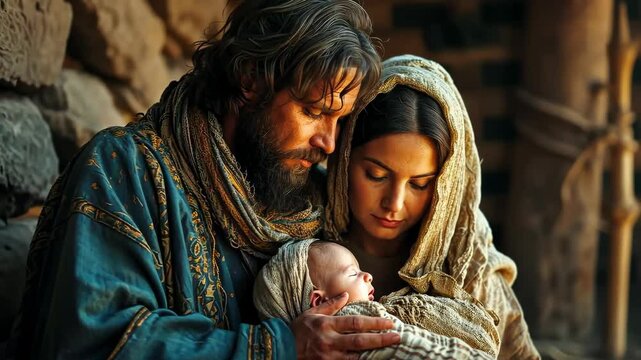 Divine family: video nativity scene with Mary and Joseph cradling baby Jesus Christ, capturing peaceful moment of holy family love, devotion during sacred birth in Bethlehem.