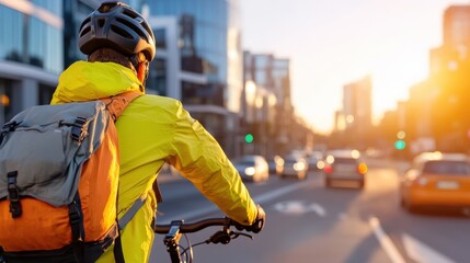 A cyclist wearing a helmet and backpack rides through a bustling city street during a golden sunset, reflecting the energetic urban atmosphere and determination.