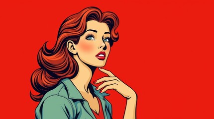  Pop art illustration of a thoughtful woman with red hair against a bold red background. 