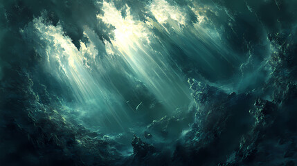 Obraz premium Ocean depths - light beams. Deep Ocean Abyss. Illustration