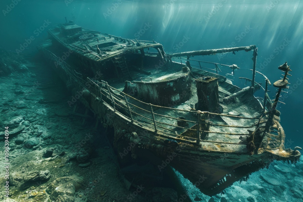 Poster sunken shipwreck resting on seabed with sun rays penetrating through the water surface, creating a m