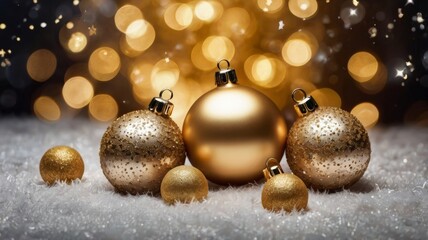  Beautiful simple Christmas background with sparkling lights and golden balls and stars. Card, banner and poster concept. 