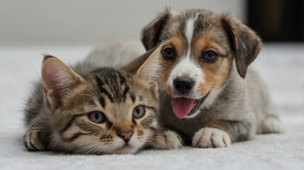 Cat and a dog are laying on a white carpet