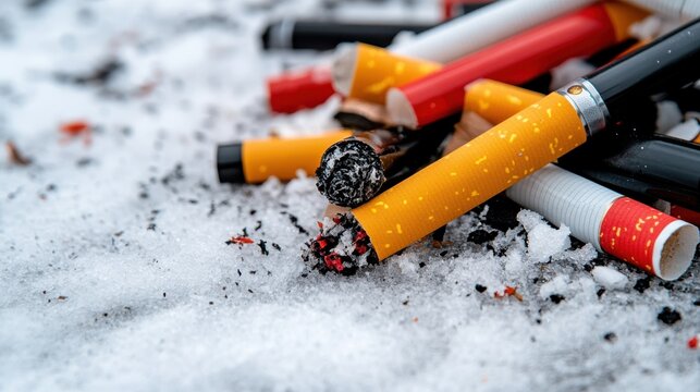 A snowy landscape littered with discarded vapes and cigarette butts, reflecting modern waste against pristine nature, creating a stark visual contrast.