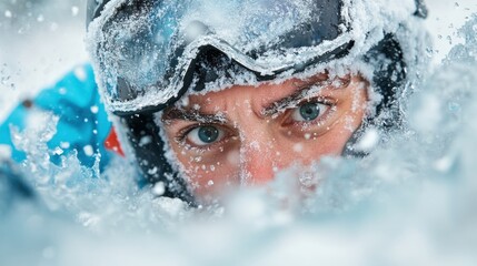 A close-up shot capturing a piercing gaze of determination through icy goggles and frost-bitten eyebrows, emphasizing resilience in harsh winter conditions.
