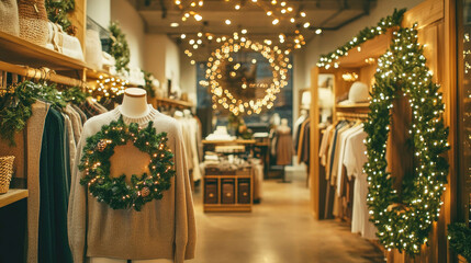 Modern clothing boutique decorated for Christmas with festive wreaths and warm lights