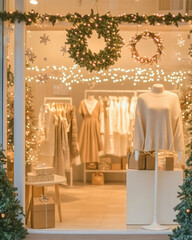 Modern clothing boutique adorned with Christmas decorations and warm lights in festive ambiance
