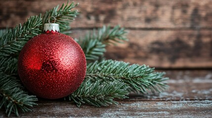 Festive Red Christmas Ornament on Pine Branches