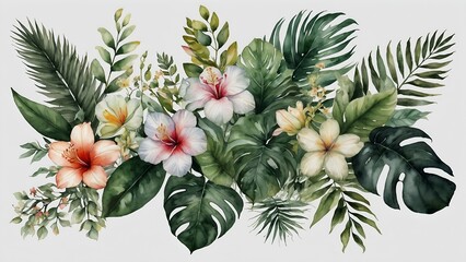Fototapeta premium Watercolor of Tropical spring floral green leaves and flowers s isolated on transparent png background, bouquets greeting or wedding card decoration