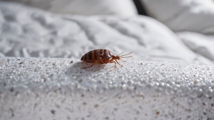 Obraz premium Examining a bed bug crawling on textured surface in a dimly lit bedroom during the morning hours
