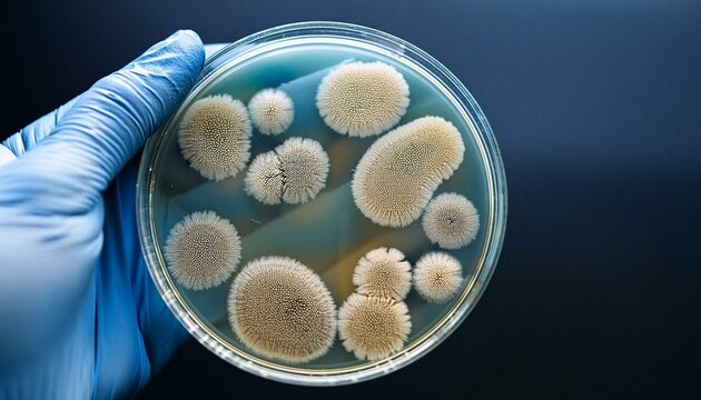 A petri dish with distinct "molar tooth" colonies of Actinomyces on an agar plate