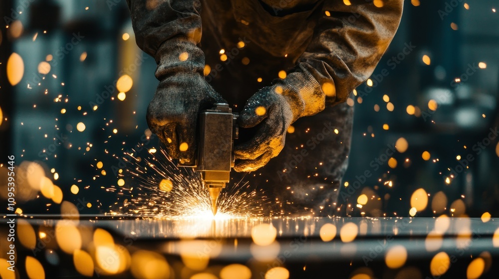 Poster close-up of a worker using a plasma cutter on metal with sparks flying