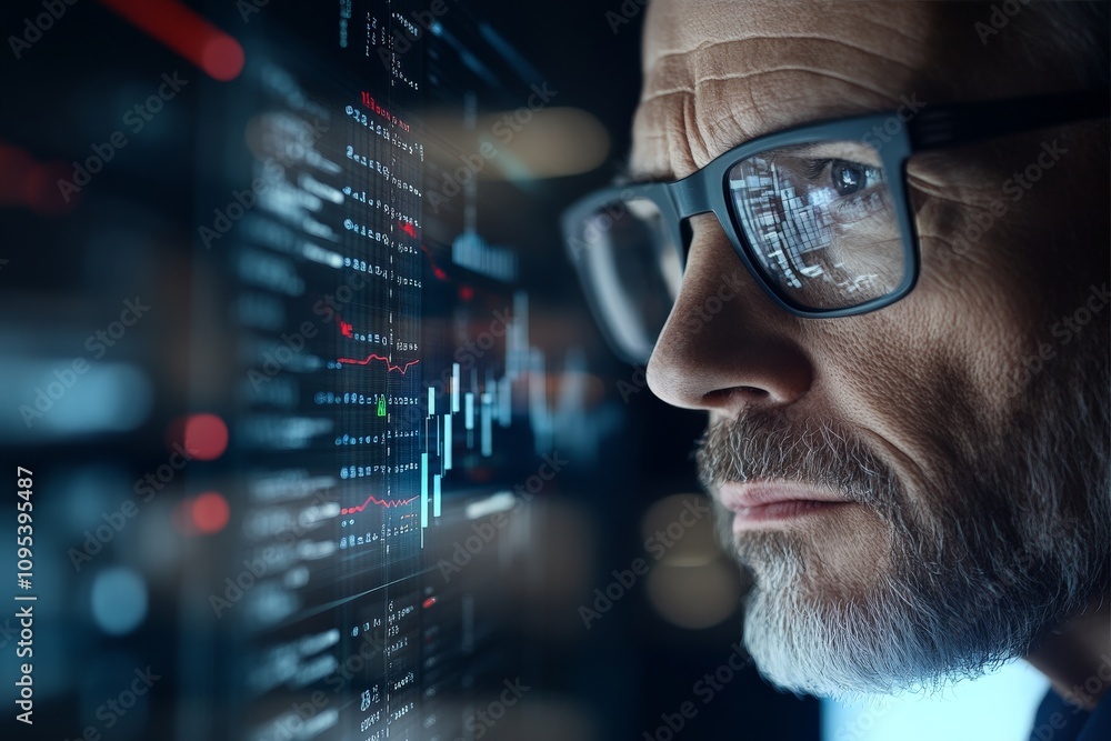 Poster a man with glasses intensely examines data charts on a digital screen, conveying a sense of analysis
