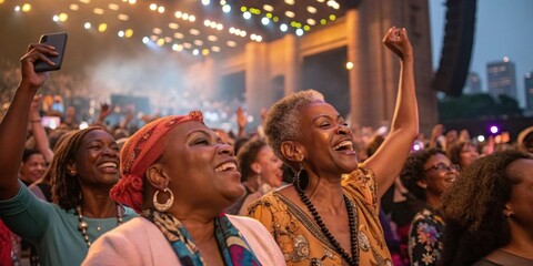 Obraz premium Group of cheerful female friends enjoying live music performance, singing along and dancing excitedly with raised arms at an outdoor music festival, celebrating togetherness and the joy of music