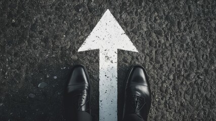 The Path Forward: A pair of dress shoes stands at the beginning of a white arrow painted on dark asphalt, symbolizing a journey ahead,  a new beginning, and the pursuit of goals. 