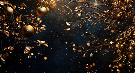 A dark background with golden Christmas decorations and lights, creating an atmosphere of joyous celebration