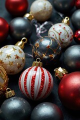 Fototapeta premium Bunch of Christmas ornaments with red and white stripes
