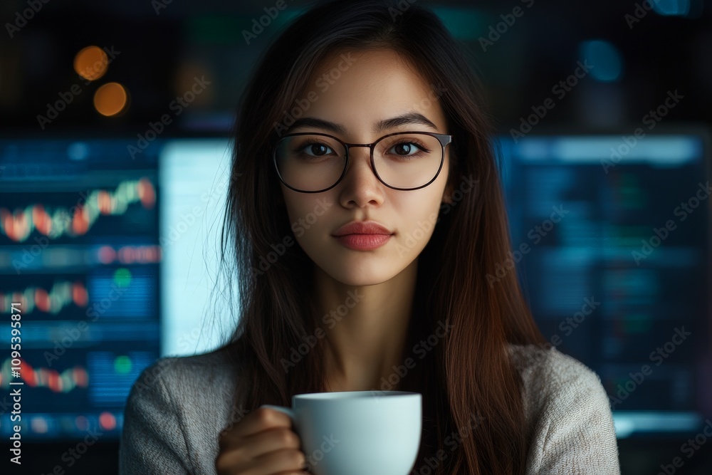 Aufkleber a focused woman in glasses holds a cup while surrounded by digital screens displaying data and graph
