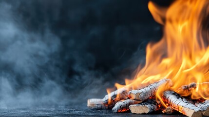 Naklejka premium This image captures a pile of wood logs engulfed in bright orange flames against a black background, depicting the intense and mesmerizing beauty of a fire in full blaze.