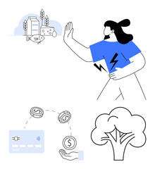 Woman avoiding allergens thumbs up dairy and fish. Person making a financial transaction. Tree symbolizing nature. Ideal for topics on health, nutrition, allergy awareness, finances, sustainability