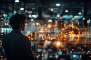 Obraz premium A man in glasses observes a glowing graph in a tech-savvy office, symbolizing data analysis, business intelligence, and digital transformation.