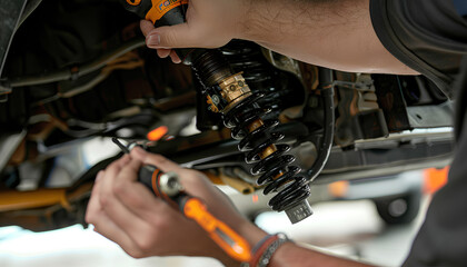 Fototapeta premium Closeup hand man with screwdriver changing tire and maintaining a car shock absorbers at garage