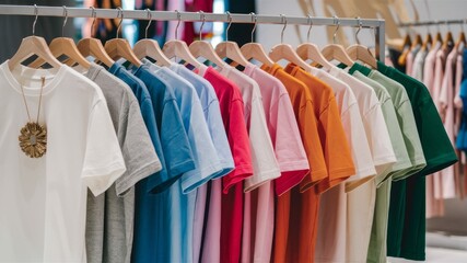 Obraz premium Rainbow of T-shirts on Display: A vibrant collection of t-shirts in various colors hangs neatly on wooden hangers in a clothing store, showcasing a diverse range of styles and shades.